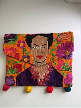 Embroidered Frida Kahlo Portrait purse — Bright Orange & Purple Floral